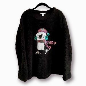BLACK SHERPA, CHRISTMAS PULLOVER, SIZE 4/6. TIME & TRU BRAND. PENQUIN ON FRONT.
